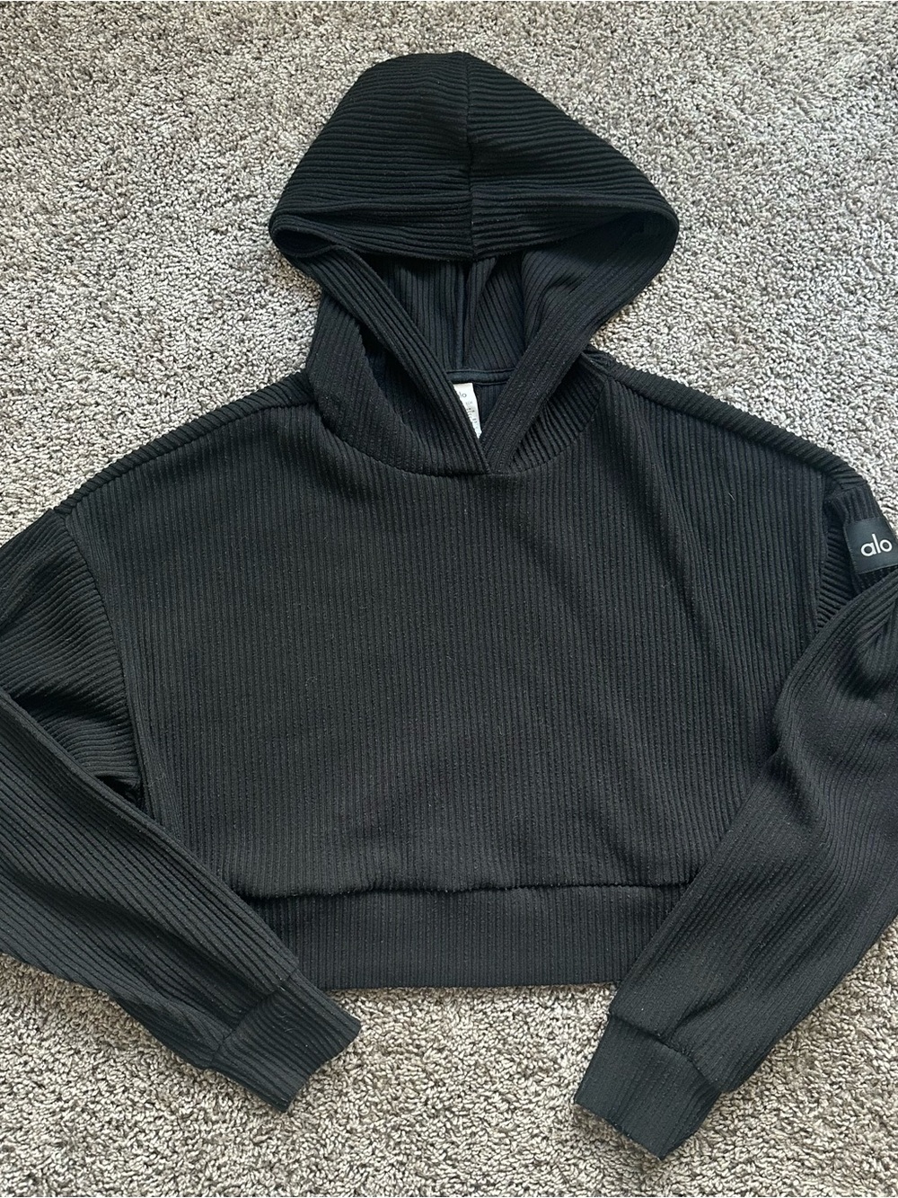 ALO Yoga Black Ribbed Cropped Hoodie